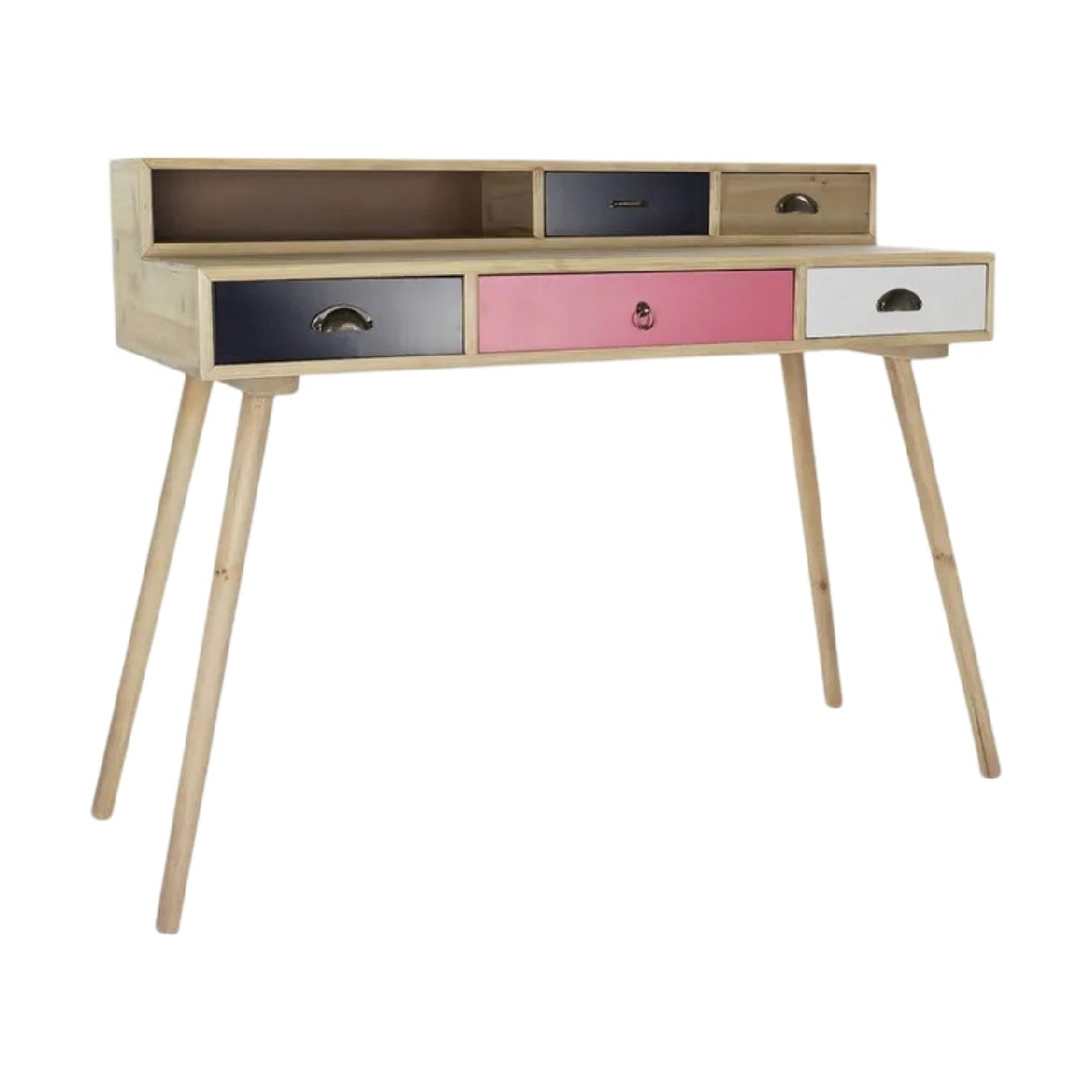 **Bureau en bois avec tiroirs colorés et pieds en bois clair**