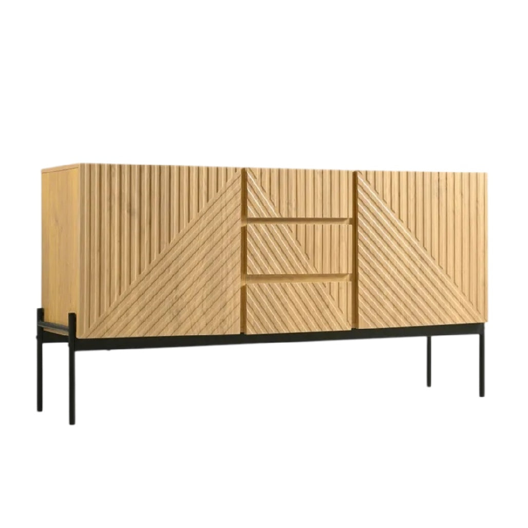 **Titre technique : Buffet en bois avec motifs géométriques et structure en métal**