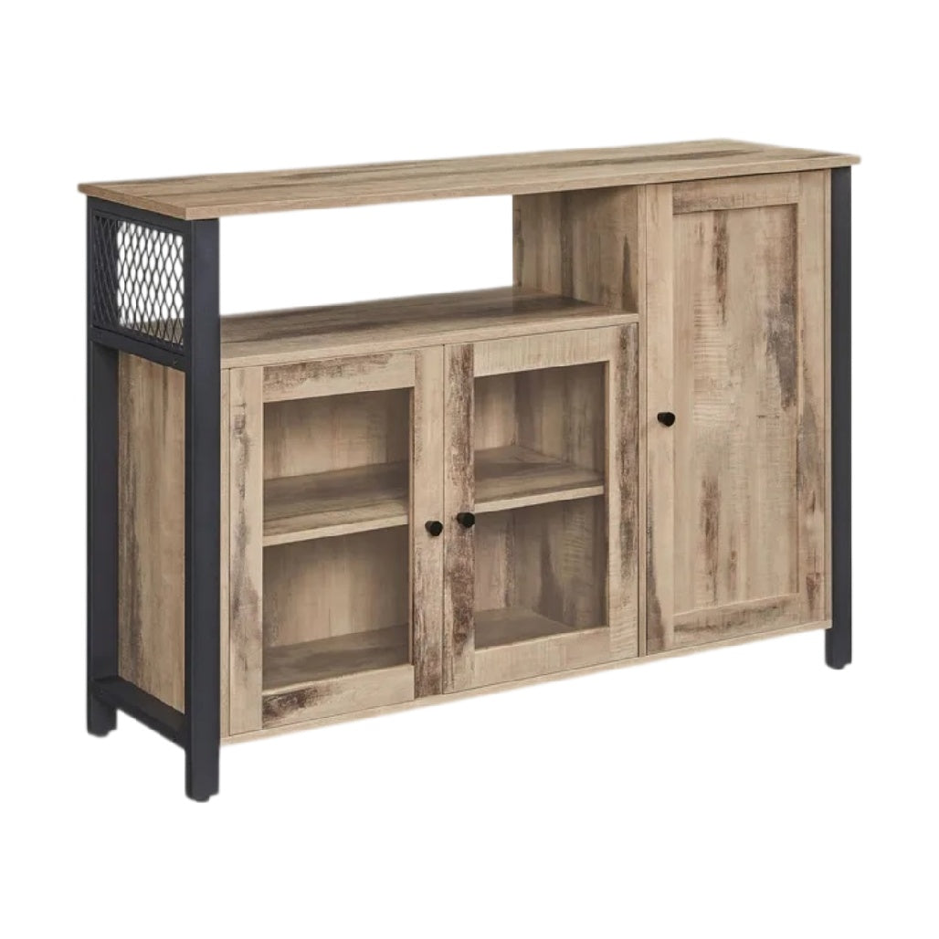 **Buffet en bois avec compartiments ouverts et fermés**