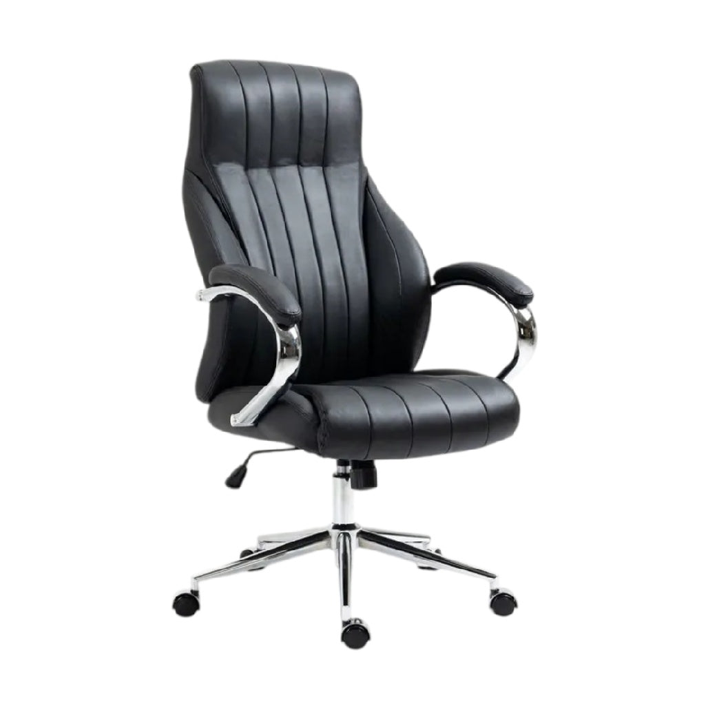 **Fauteuil de bureau ergonomique en cuir noir avec accoudoirs et roulettes**