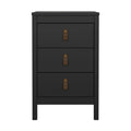 **Table de chevet noire en bois avec trois tiroirs et poignées en cuir**