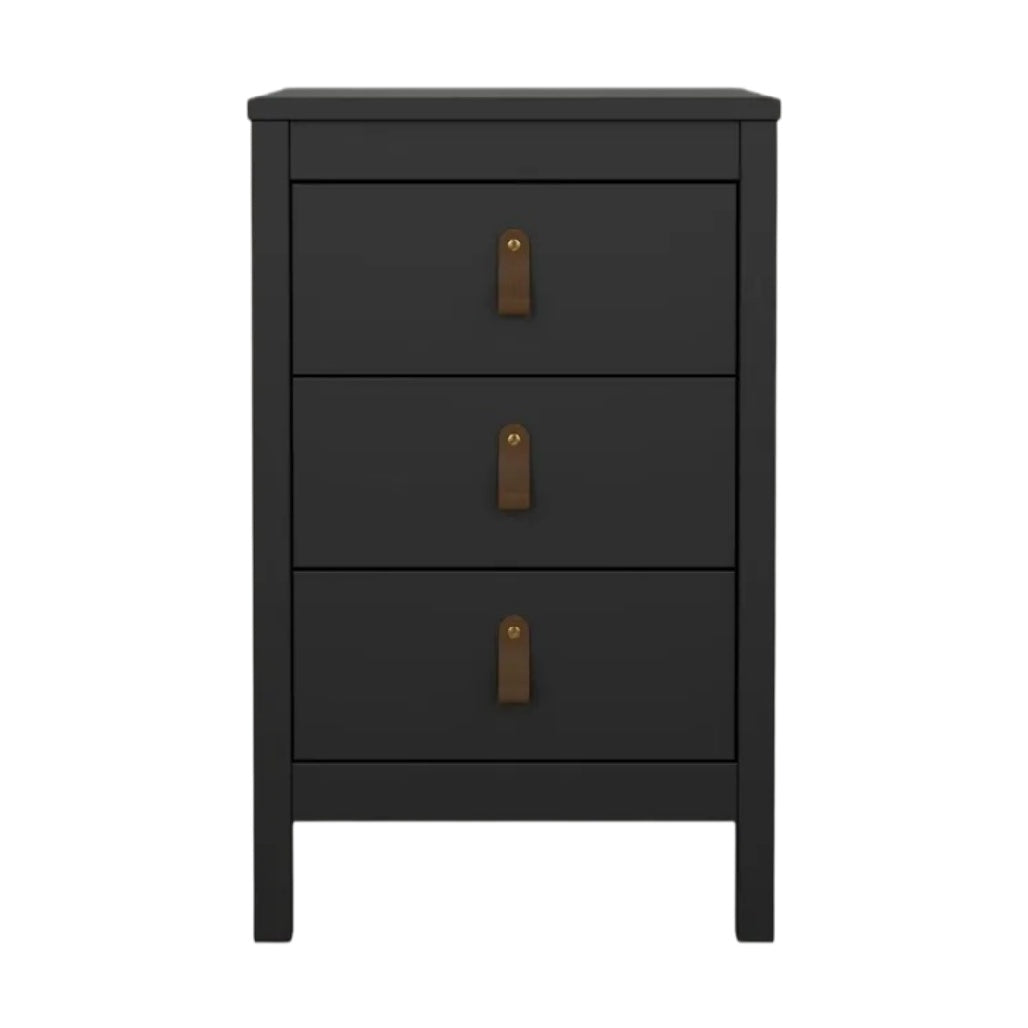 **Table de chevet noire en bois avec trois tiroirs et poignées en cuir**