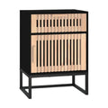 **Meuble de rangement en bois avec façade à lamelles et structure métallique**